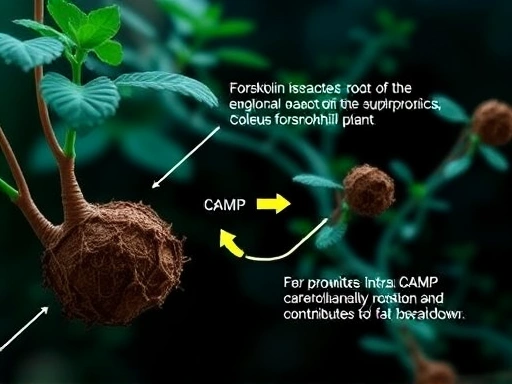 아열대 기후의 콜레우스 포르스콜리(Coleus forskohlii) 식물 뿌리에서 추출된 포르스콜린이 세포 내 cAMP 생성 과정을 촉진하며 지방 분해에 기여하는 모습
