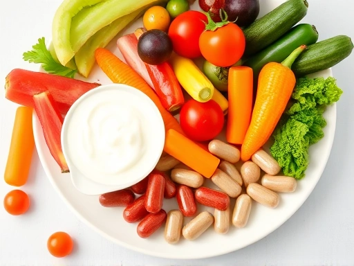 다채로운 채소와 과일이 가득 담긴 접시 옆에, 건강한 프로바이오틱스 요거트와 다양한 유산균 캡슐이 놓여있는 모습
