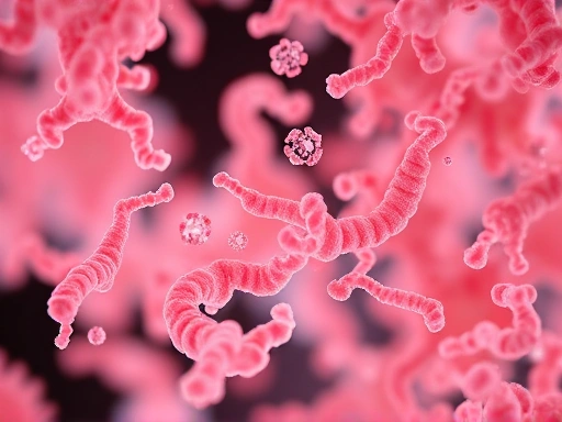 현미경으로 확대된 장내 미생물과 프로바이오틱스 균주들이 조화롭게 상호작용하는 모습