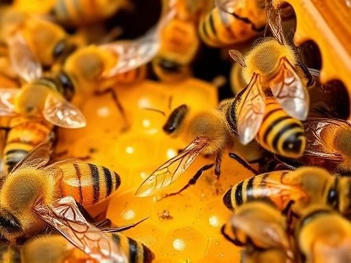 벌집에 모인 프로폴리스를 채취하는 벌들의 활기찬 모습