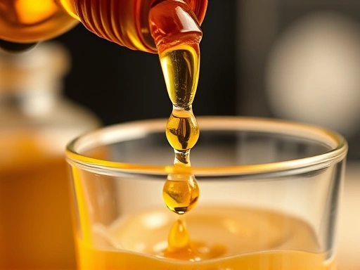 프로폴리스 액상 제품 병에서 황금빛 방울이 유리잔에 떨어지는 클로즈업 사진, 신진대사 개선을 돕는 프로폴리스 섭취를 시각적으로 보여주는 이미지