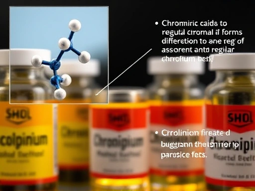 크롬 보충제 병들과 함께 피콜린산 분자 구조가 강조되어 있는 클로즈업 이미지
