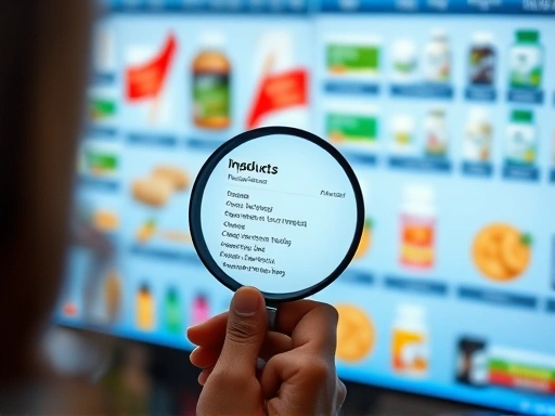 다양한 홈쇼핑 다이어트 제품들이 진열된 화면을 배경으로, 돋보기를 들고 제품 성분표를 꼼꼼히 확인하는 사람의 모습