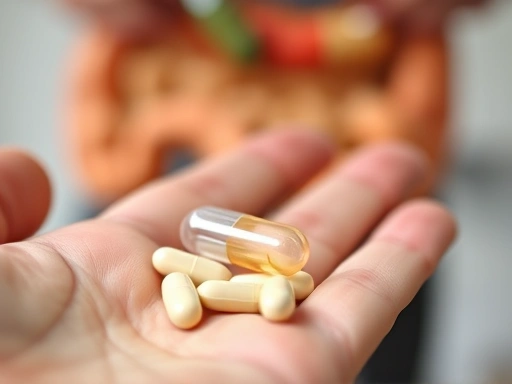 화이트키드니빈 추출물 캡슐이 손바닥 위에 놓여 있고, 그 뒤로 소화 효소인 알파-아밀라아제 (α-amylase)의 작용을 시각적으로 억제하는 듯한 흐릿한 배경이 연출된 클로즈업 사진입니다.