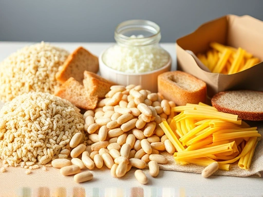식탁 위에 놓인 화이트키드니빈 추출물 보조제와 함께 밥, 빵, 파스타 등 다양한 탄수화물 음식이 조화롭게 놓여 있는 장면
