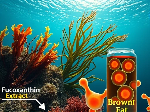 신선한 미역과 다시마가 풍부하게 담긴 깨끗한 바다 풍경 옆, 후코잔틴 추출물이 담긴 유리병과 갈색지방을 상징하는 따뜻한 색상의 세포 이미지