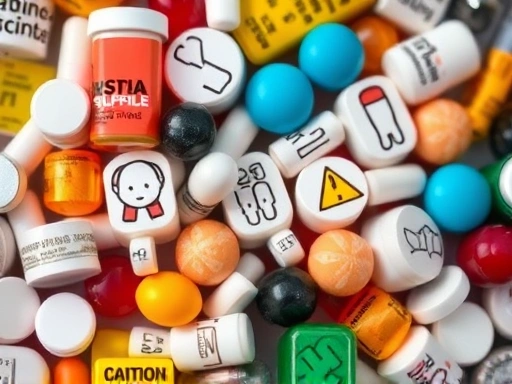 항생제와 다이어트 보조제 상호작용으로 인해 발생할 수 있는 복통, 두통, 메스꺼움 등 다양한 부작용 증상 아이콘들이 혼란스럽게 배열된 클로즈업 이미지