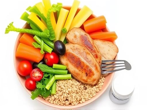 다이어트 보조제 복용 중에도 건강을 유지하기 위한, 다채로운 채소와 단백질, 통곡물이 조화롭게 담긴 식사와 그 옆에 작게 놓인 보조제 병이 함께 있는, 영양 균형 잡힌 식사 장면