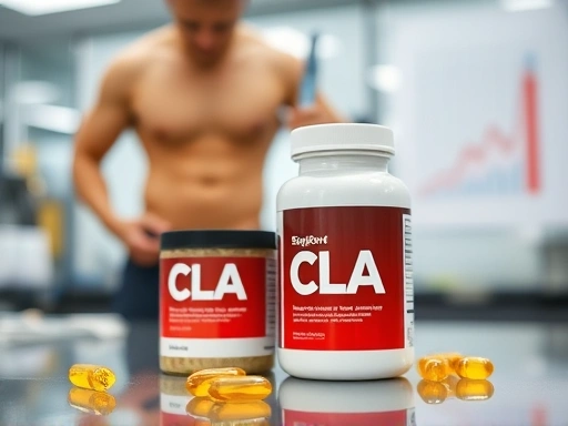 체지방 감소와 관련된 과학적 연구실 배경에 CLA 보충제가 놓여 있고, 그 뒤로 그래프와 데이터가 보이는 이미지