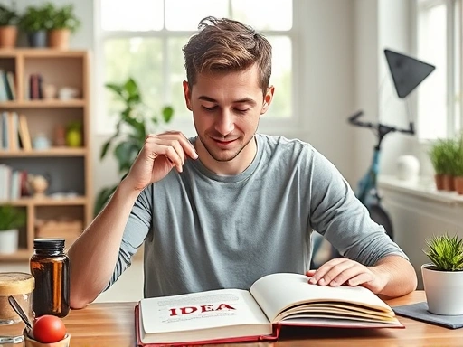 다이어트 보조제를 복용하면서도 활기차게 두뇌 활동을 하는 젊은 남성이 밝은 분위기