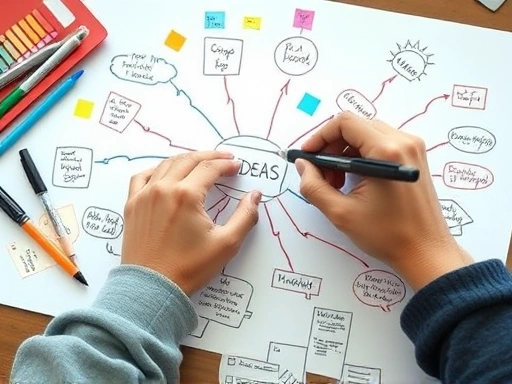 색색깔의 펜과 스티커가 놓인 책상 위에서 손으로 브레인스토밍 마인드맵을 그리며 새로운 아이디어를 시각화하는 클로즈업 샷, 집중하는 모습
