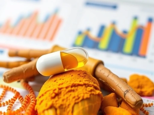 선명한 노란색 강황 뿌리 위에 캡슐 형태의 커큐민 보충제가 놓여 있으며, 배경에는 염증 감소와 체중 조절을 상징하는 과학적 그래프와 건강한 식단 요소들이 은은하게 보인다.