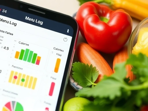 근접 촬영된 다이어트 식단 기록 앱 화면, 칼로리 계산과 영양소 비율을 보여주는 차트, 그리고 건강한 식재료들이 함께 배치되어 다이어트 정체기 식단 관리의 중요성을 강조하는 모습