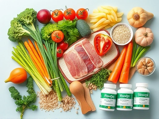 A vibrant flat lay image showcasing various healthy diet foods like fresh vegetables, lean protein sources, whole grains, alongside neatly arranged diet supplements, representing a balanced approach t...