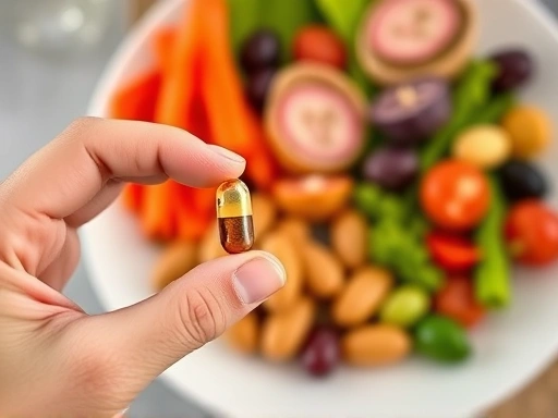 A close-up shot of a hand holding a diet supplement pill next to a portion-controlled plate of healthy food, emphasizing the complementary relationship between dietary supplements and mindful eating h...