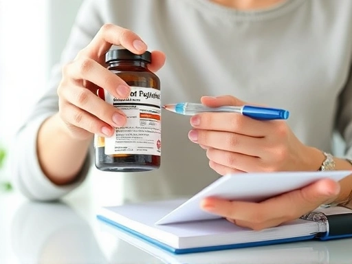 A person carefully reviewing a diet supplement bottle label, holding a pen and a notebook, indicating thoughtful planning for diet supplement dosage adjustment, in a bright, clean setting.