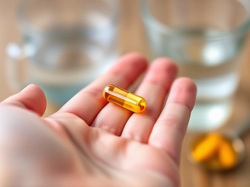 Close-up of a person's hand holding a single diet supplement capsule, with a blurred background of a measuring spoon or a water glass, emphasizing the precise nature of diet supplement dosage and inta...