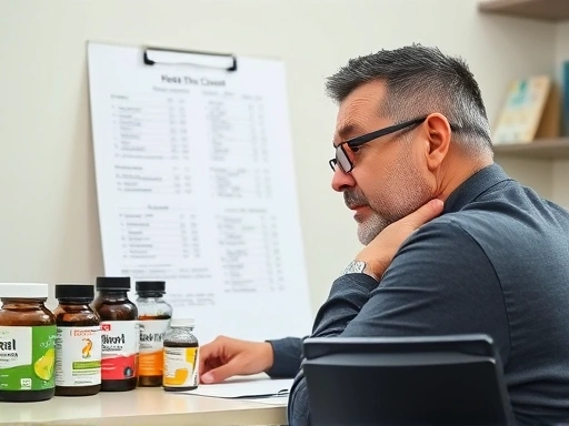 한 남성이 건강검진 결과지를 심각한 표정으로 들여다보고 있으며, 옆에는 다양한 다이어트 보조제 병들이 놓여 있는 모습