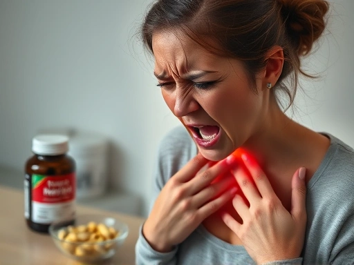 한 여성이 다이어트 보조제를 복용하려다 속쓰림으로 인해 얼굴을 찡그리는 모습