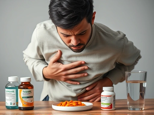 다이어트 보조제 복용 후 소화 불량 증상을 겪는 사람이 배를 부여잡고 괴로워하는 모습