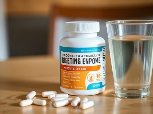 소화 불량 증상을 완화하는 데 도움이 되는 프로바이오틱스 알약과 소화 효소제 병이 테이블에 놓여있고, 그 옆에는 따뜻한 물 한 잔이 있는 클로즈업 사진.