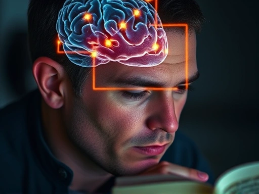 한 남성이 퍼즐을 풀거나 독서하는 동안 뇌에서 빛이 나는 클로즈업 이미지