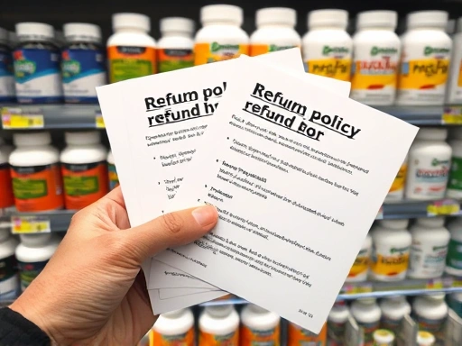 다이어트 보조제 제품들이 진열된 선반 앞에서 다양한 종류의 환불 정책 문서를 비교하는 손이 클로즈업된 모습