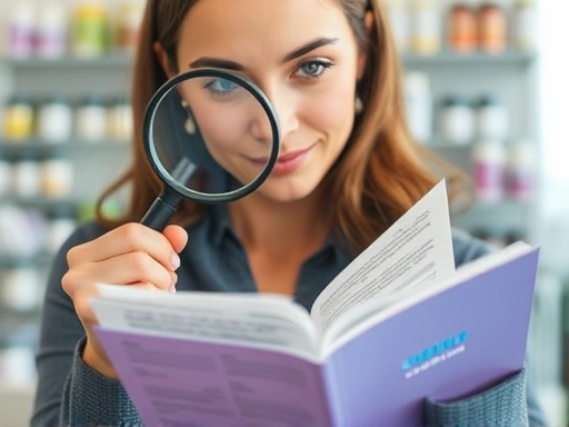 여러 종류의 다이어트 보조제 통과 함께, 소비자가 돋보기를 들고 제품 약관의 작은 글씨로 쓰인 환불 정책 부분을 자세히 읽고 있는 모습