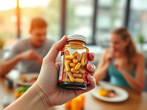 손이 다이어트 보조제 병을 들고 있고, 배경에는 식사와 운동 장면