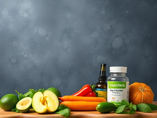 탄수화물과 지방을 상징하는 요소들이 균형을 이루며, 가르시니아와 포스콜린 보충제가 체중 관리의 핵심 역할을 하는 모습