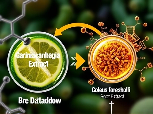 가르시니아 캄보지아 추출물과 콜레우스 포스콜리 뿌리 추출물이 각각 분자 구조 형태로 표현되며, 지방 세포가 분해되고 에너지로 전환되는 역동적인 과정을 시각적으로 묘사한다.