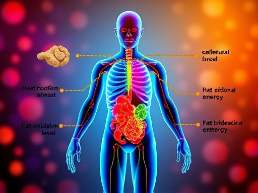 생강 추출물, 인체 신진대사 활성화 과정을 보여주는 다채로운 그래픽 이미지