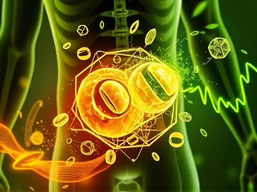 인체 내부에서 지방 세포가 분해되고 에너지가 생성되는 과정을 시각적으로 표현.