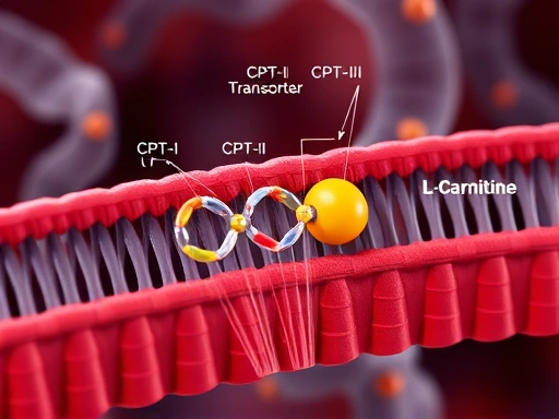 L-카르니틴 분자가 지방산과 결합하여 미토콘드리아 내막을 통과하는 장면