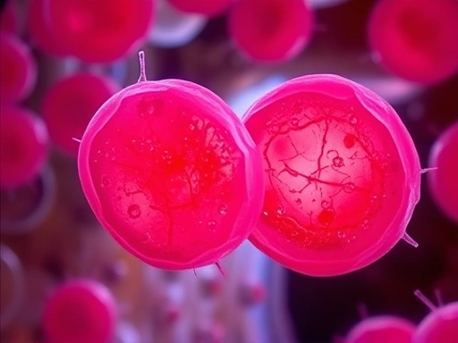 실험실의 현미경 시야에 지방세포가 보이고, 그 위에 라이코펜 분자가 작용하여 지방 축적을 억제하는 듯한 시각적 효과가 클로즈업된 이미지