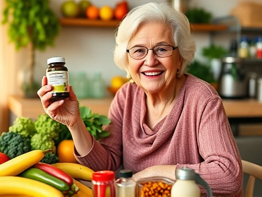 노인 여성이 싱그러운 과일과 채소가 놓인 식탁 앞에서 영양제를 손에 들고 미소 짓고 있는 모습