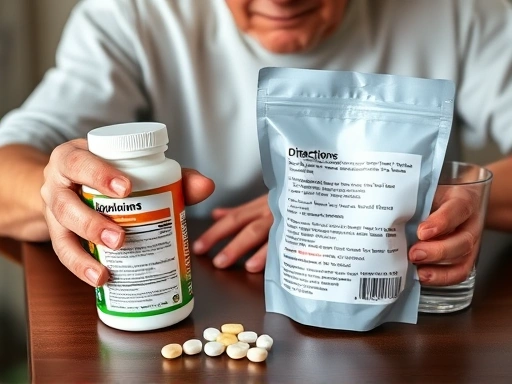 노인 남성이 식탁 위에 놓인 약봉투와 물컵 옆에서 다이어트 보조제를 손에 들고 있는 모습