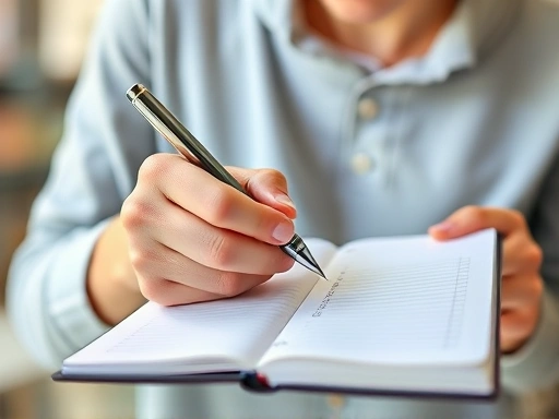 A person thoughtfully looking at a shopping list on a notebook, with a pen in hand, suggesting careful consideration before purchase. Focus on hands and notebook. (SEO: 72-hour rule, impulse buying prevention, smart spending)