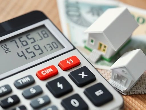 Close-up shot of a calculator displaying housing costs, with Korean won currency, next to small house figurines, emphasizing financial planning and decision-making.