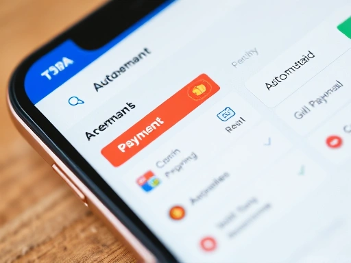 A close-up shot of a smartphone screen displaying an automated banking dashboard with various payment types, overlaid with small icons representing ease and convenience, symbolizing automatic transfers.
