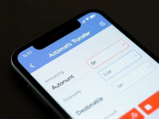 Close-up view of a smartphone screen displaying a banking app's automatic transfer setup interface, showing fields for amount, frequency, and destination account. The screen is clear and user-friendly, emphasizing the ease of setting up financial habits.