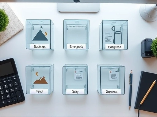 A detailed top-down view of a modern desk with multiple transparent bank accounts, each labeled with a specific financial purpose like 