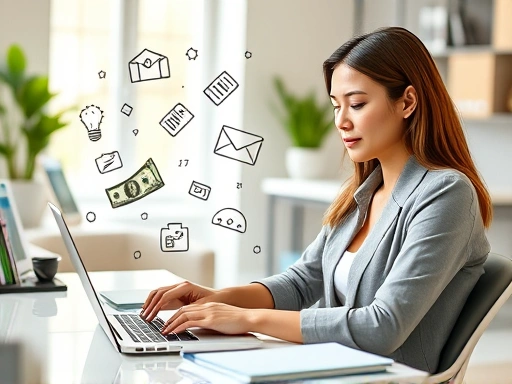 A professional female blogger typing on a laptop with various icons representing money, ads, and products floating around her, set in a bright, modern home office. Focus on productivity and digital success with SEO keywords.