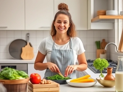 A clean, modern kitchen scene with a single person happily preparing a simple, delicious and budget-friendly meal, bright lighting, focus on fresh, affordable ingredients like vegetables and basic staples. Solo cooking, meal prep, healthy, vibrant colors.