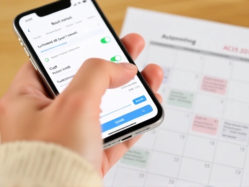 Close-up of a hand using a smartphone to set up an automated bank transfer, with a calendar showing recurring dates, representing the systematic process of budgeting and account separation.