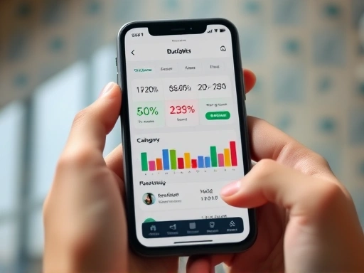 A close-up shot of a smartphone screen displaying a user-friendly budgeting app dashboard, clearly showing percentages for 50-30-20 categories with digital numbers, clean graphics, and colorful bar charts, held by hands on a blurred background.