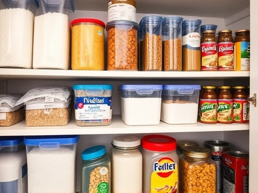 Close-up of neatly organized pantry shelves with various bulk-purchased items (rice, detergents, canned goods) stored in airtight containers, showcasing efficient home storage solutions and preventing spoilage. Keywords: bulk storage, efficient pantry, home organization, food preservation.