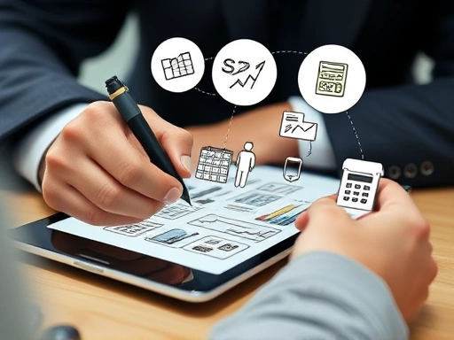 Close-up of hands working on a tablet, sketching product designs with conceptual icons representing market analysis, finance, and legal protection in a focused, innovative environment.