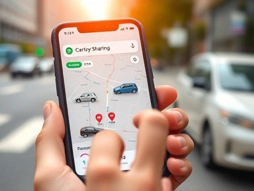 Close-up on a smartphone screen showing a car-sharing application interface with available vehicles on a map, with a blurred background of a modern city street and a user's hand interacting with the app. Focus on the digital aspect of modern transportation. Include icons representing car-sharing, rental cars, and public transit routes subtly integrated into the interface.