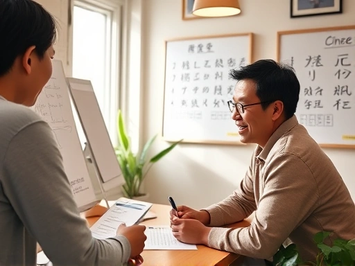 A person is happily studying Chinese with a tutor in a cozy, bright room, with a whiteboard showing characters and pinyin. Focus on personalized learning and interactive one-on-one study.